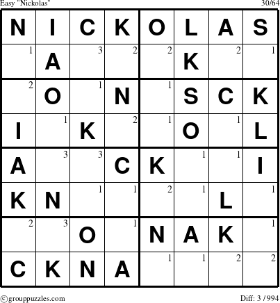 The grouppuzzles.com Easy Nickolas puzzle for  with the first 3 steps marked