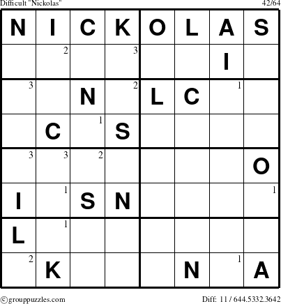 The grouppuzzles.com Difficult Nickolas puzzle for  with the first 3 steps marked