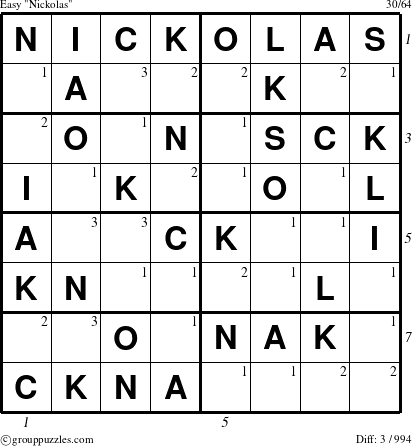 The grouppuzzles.com Easy Nickolas puzzle for  with all 3 steps marked