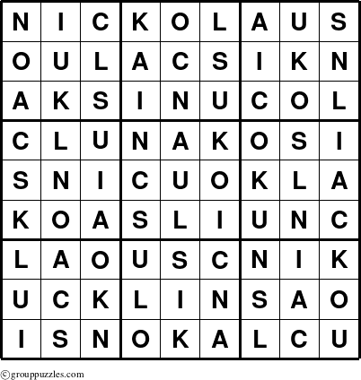 The grouppuzzles.com Answer grid for the Nickolaus puzzle for 