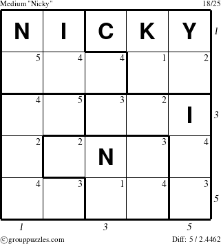 The grouppuzzles.com Medium Nicky puzzle for , suitable for printing, with all 5 steps marked