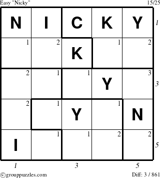 The grouppuzzles.com Easy Nicky puzzle for , suitable for printing, with all 3 steps marked