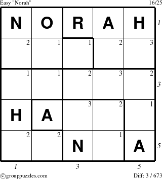 The grouppuzzles.com Easy Norah puzzle for , suitable for printing, with all 3 steps marked