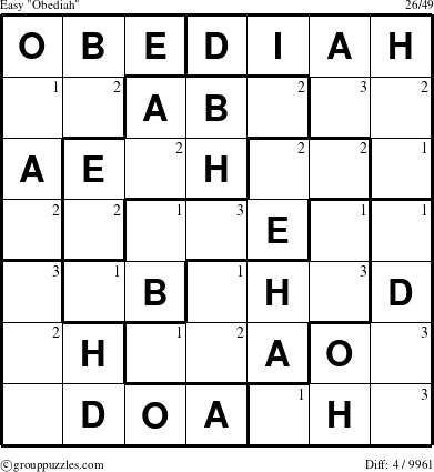 The grouppuzzles.com Easy Obediah puzzle for  with the first 3 steps marked