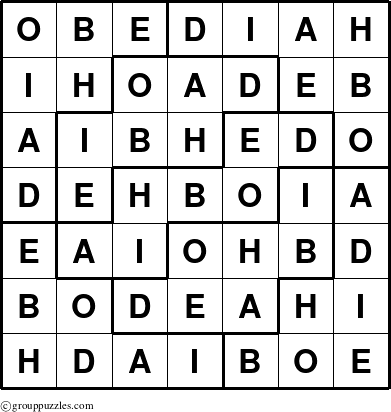The grouppuzzles.com Answer grid for the Obediah puzzle for 