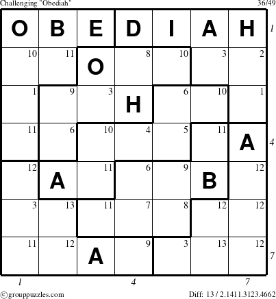 The grouppuzzles.com Challenging Obediah puzzle for  with all 13 steps marked