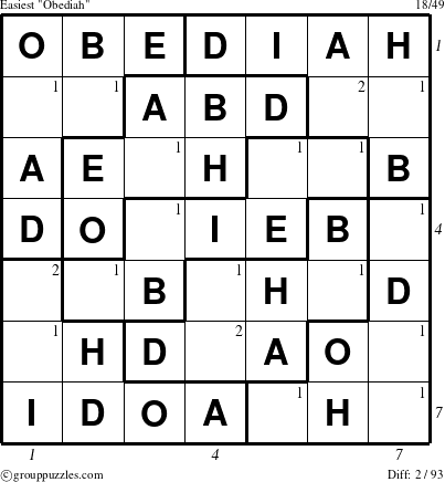 The grouppuzzles.com Easiest Obediah puzzle for , suitable for printing, with all 2 steps marked