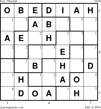 The grouppuzzles.com Easy Obediah puzzle for , suitable for printing, with all 4 steps marked