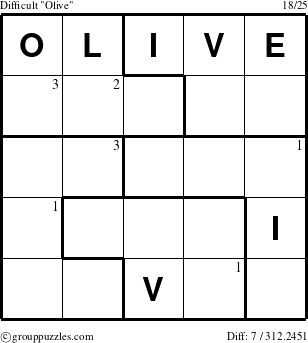 The grouppuzzles.com Difficult Olive puzzle for  with the first 3 steps marked