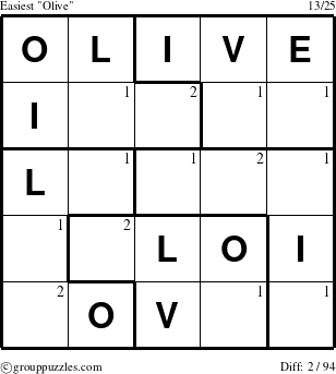 The grouppuzzles.com Easiest Olive puzzle for  with the first 2 steps marked