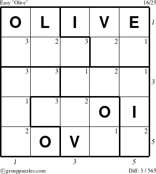 The grouppuzzles.com Easy Olive puzzle for , suitable for printing, with all 3 steps marked