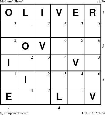 The grouppuzzles.com Medium Oliver puzzle for  with all 6 steps marked