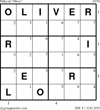 The grouppuzzles.com Difficult Oliver puzzle for , suitable for printing, with all 8 steps marked