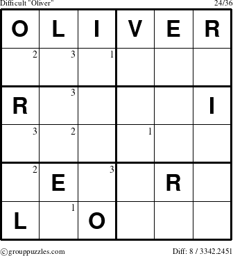The grouppuzzles.com Difficult Oliver puzzle for  with the first 3 steps marked