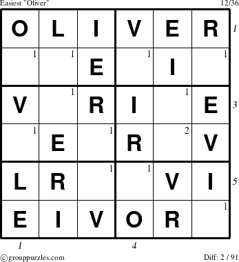 The grouppuzzles.com Easiest Oliver puzzle for  with all 2 steps marked