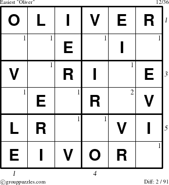 The grouppuzzles.com Easiest Oliver puzzle for , suitable for printing, with all 2 steps marked