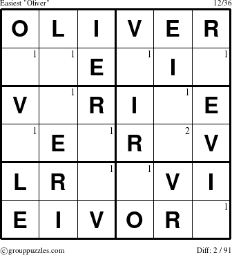 The grouppuzzles.com Easiest Oliver puzzle for  with the first 2 steps marked
