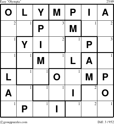 The grouppuzzles.com Easy Olympia puzzle for  with the first 3 steps marked