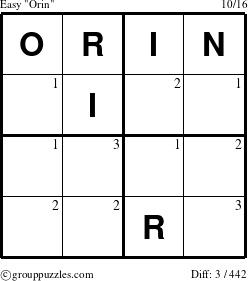 The grouppuzzles.com Easy Orin puzzle for  with the first 3 steps marked
