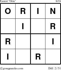 The grouppuzzles.com Easiest Orin puzzle for 