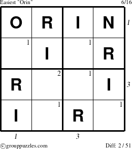 The grouppuzzles.com Easiest Orin puzzle for , suitable for printing, with all 2 steps marked