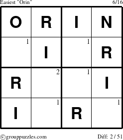 The grouppuzzles.com Easiest Orin puzzle for  with the first 2 steps marked