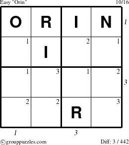 The grouppuzzles.com Easy Orin puzzle for , suitable for printing, with all 3 steps marked