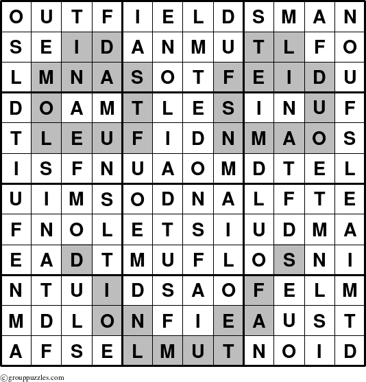 The grouppuzzles.com Answer grid for the Outfieldsman puzzle for 