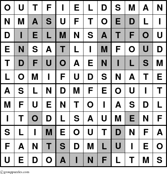 The grouppuzzles.com Answer grid for the Outfieldsman puzzle for 