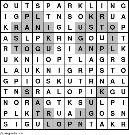 The grouppuzzles.com Answer grid for the Outsparkling puzzle for 