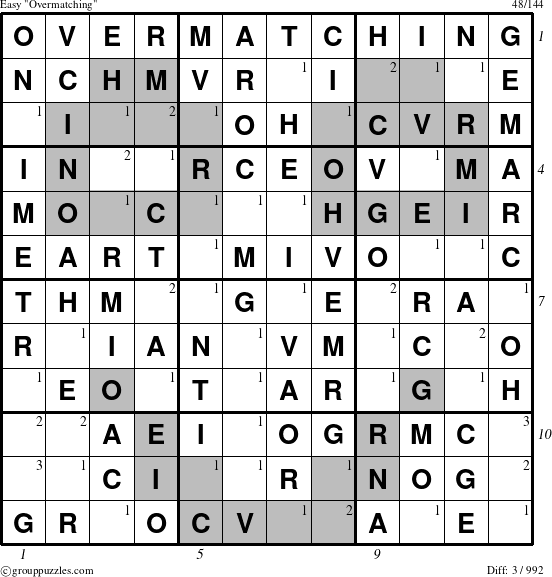 The grouppuzzles.com Easy Overmatching puzzle for , suitable for printing, with all 3 steps marked