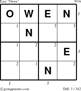 The grouppuzzles.com Easy Owen puzzle for  with all 3 steps marked