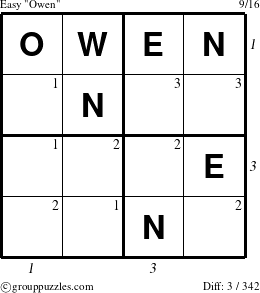 The grouppuzzles.com Easy Owen puzzle for , suitable for printing, with all 3 steps marked