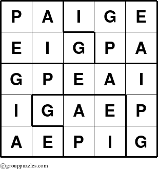 The grouppuzzles.com Answer grid for the Paige puzzle for 