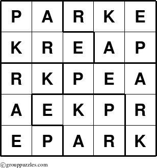 The grouppuzzles.com Answer grid for the Parke puzzle for 