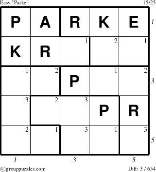 The grouppuzzles.com Easy Parke puzzle for , suitable for printing, with all 3 steps marked