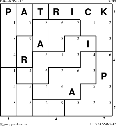 The grouppuzzles.com Difficult Patrick puzzle for , suitable for printing, with all 9 steps marked