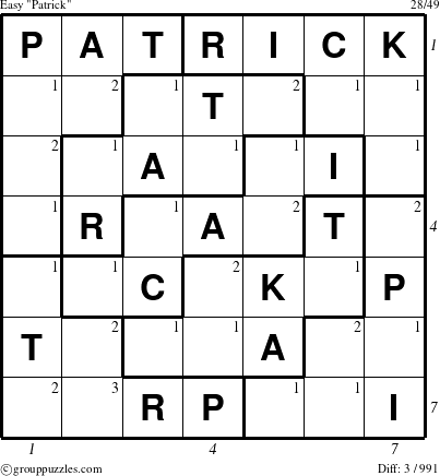 The grouppuzzles.com Easy Patrick puzzle for , suitable for printing, with all 3 steps marked