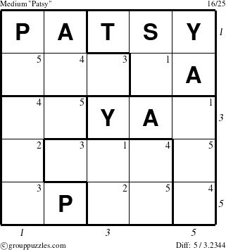 The grouppuzzles.com Medium Patsy puzzle for , suitable for printing, with all 5 steps marked