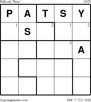 The grouppuzzles.com Difficult Patsy puzzle for  with the first 3 steps marked