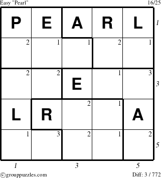 The grouppuzzles.com Easy Pearl puzzle for , suitable for printing, with all 3 steps marked