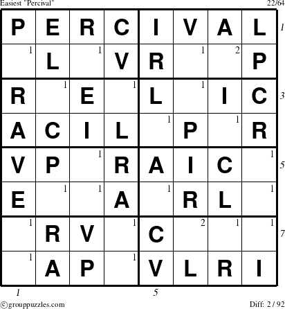 The grouppuzzles.com Easiest Percival puzzle for , suitable for printing, with all 2 steps marked