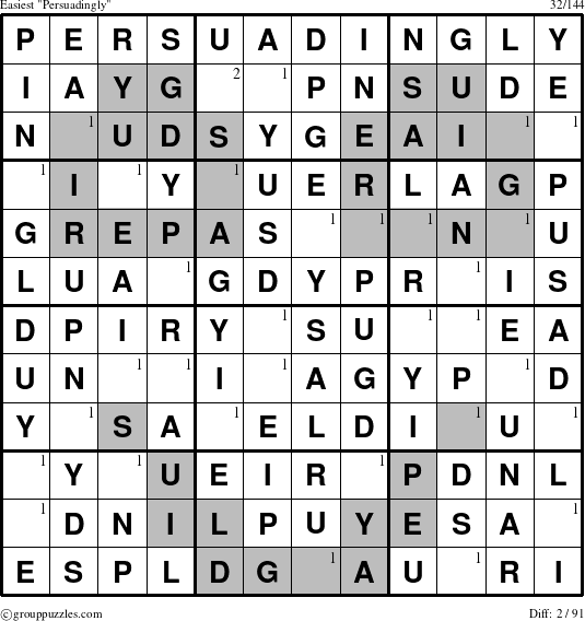 The grouppuzzles.com Easiest Persuadingly puzzle for  with the first 2 steps marked