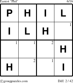 The grouppuzzles.com Easiest Phil puzzle for  with the first 2 steps marked