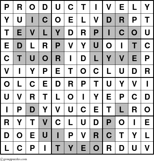 The grouppuzzles.com Answer grid for the Productively puzzle for 