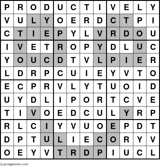 The grouppuzzles.com Answer grid for the Productively puzzle for 