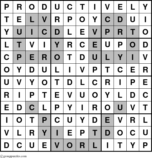 The grouppuzzles.com Answer grid for the Productively puzzle for 