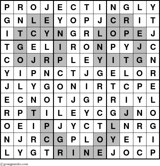 The grouppuzzles.com Answer grid for the Projectingly puzzle for 