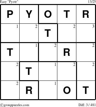 The grouppuzzles.com Easy Pyotr puzzle for  with the first 3 steps marked