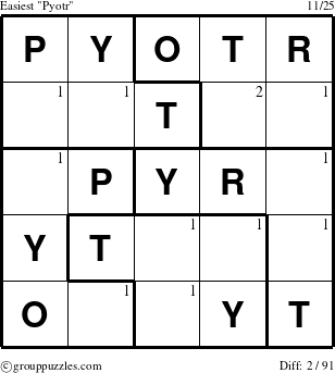 The grouppuzzles.com Easiest Pyotr puzzle for  with the first 2 steps marked